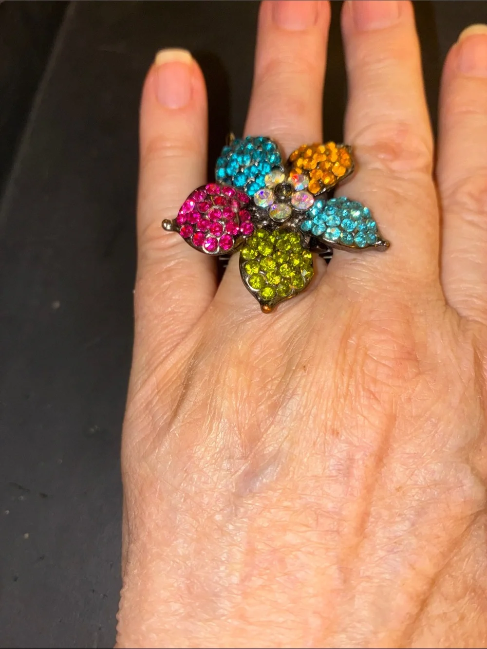 Multicolor Crystal Flower Cocktail Stretch Ring
